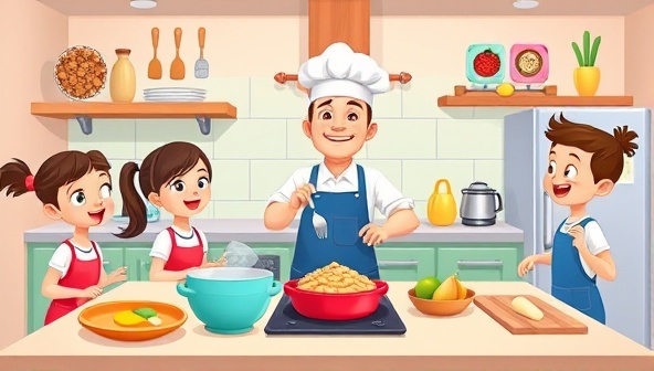 An animated and colorful virtual kitchen setup with kid-sized cooking utensils, ingredients neatly arranged, and a cheerful chef instructor guiding a group of enthusiastic children through a fun and educational cooking class online.