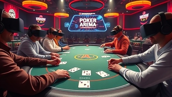 An immersive VR poker table with virtual players and realistic card gameplay, capturing the excitement and social interaction of VR Poker Arena tournaments.