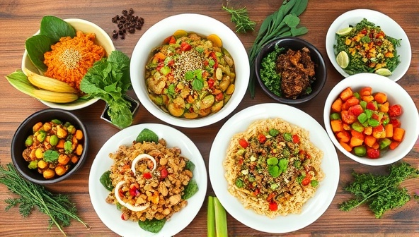 An artistic composition showcasing a colorful array of freshly prepared plant-based dishes, arranged elegantly on a wooden table with vibrant greens and herbs, highlighting the freshness and variety of the meal subscription service.