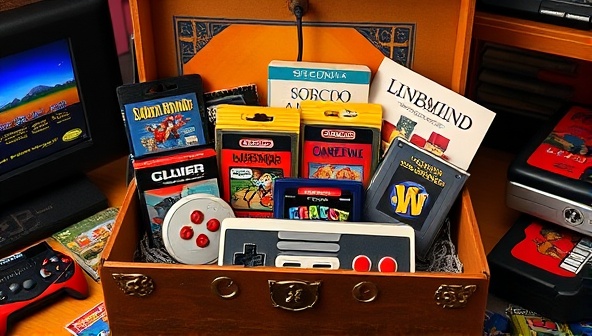 An image of a beautifully designed retro-themed box filled with classic video game cartridges, a vintage console controller, and retro gaming memorabilia, evoking feelings of nostalgia and excitement for old-school gaming enthusiasts.