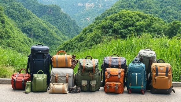 An array of eco-friendly travel gear displayed against a backdrop of lush greenery and clean natural surroundings, highlighting the sustainable and adventurous spirit of Green Gear Getaway.