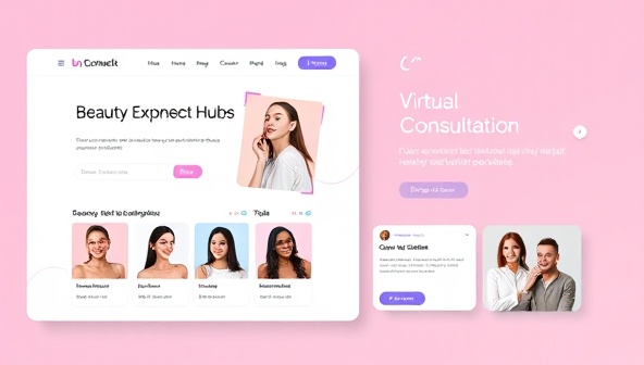 A dynamic website mockup showcasing BeautyConnect Hub's online platform interface with profiles of beauty experts, booking options, and virtual consultation features, highlighting a seamless and user-friendly experience for both experts and users.