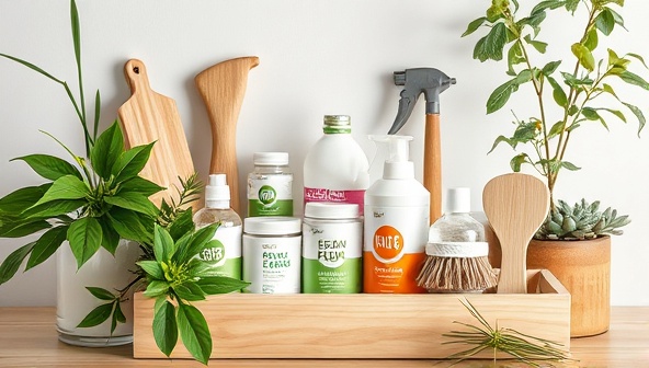 A collection of eco-friendly cleaning products and reusable tools neatly arranged in a sustainable cleaning kit, surrounded by fresh greenery and natural elements, conveying a sense of eco-consciousness and clean living practices in a modern household setting.