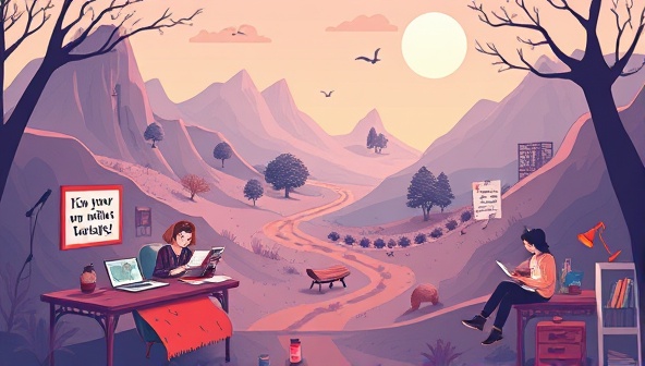 An imaginative digital illustration of a virtual writing retreat landscape with cozy writing nooks, inspirational quotes, and virtual mentor figures guiding writers through creative writing exercises, fostering a sense of community and productivity.