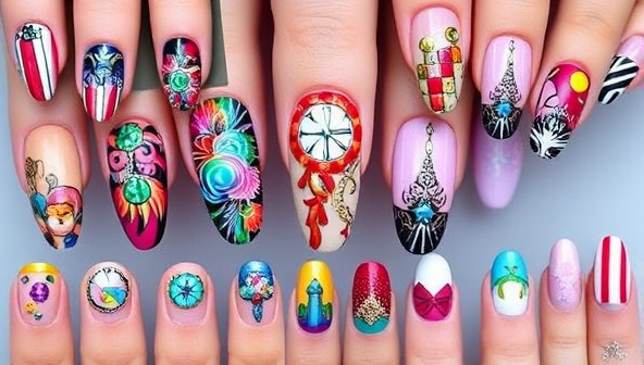 An artistic representation of various intricate and colorful nail art designs displayed on virtual nails, showcasing creativity, precision, and attention to detail in nail artistry.