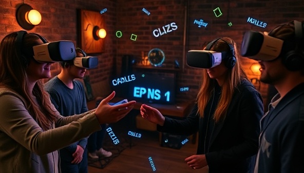 An intriguing visual of players wearing VR headsets and interacting with virtual objects in a captivating escape room setting, with digital clues and puzzles floating in the air around them, creating an immersive and engaging experience.