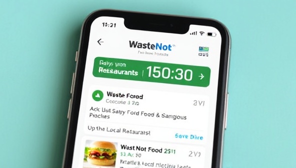 A smartphone screen displaying the WasteNot app interface with a variety of discounted food options from local establishments, accompanied by a countdown timer highlighting the limited time availability, encouraging users to act fast and save on delicious meals while reducing food waste.