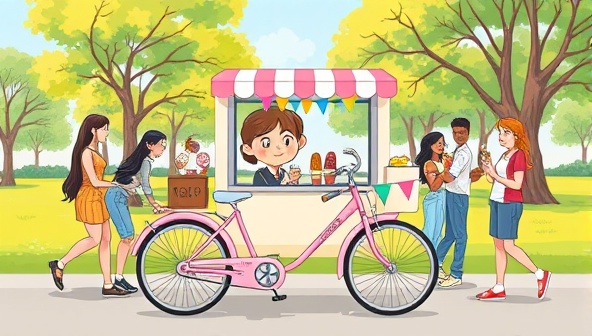 An illustrated ice cream bike decorated with colorful bunting and serving a variety of mouth-watering ice cream cones to a diverse group of happy customers in a sunny park setting, evoking joy and sweetness on wheels.