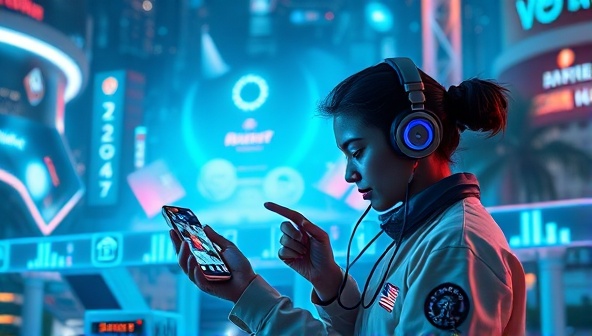 An imaginative visual of a virtual influencer interacting with a real-world product in a surreal digital landscape, capturing the blend of technology and creativity in modern marketing campaigns.