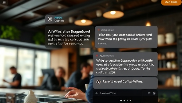 A sleek and modern digital interface showing a writer interacting with an AI assistant, suggesting creative writing suggestions and improvements, with a background of a bustling coffee shop to evoke a productive writing environment.
