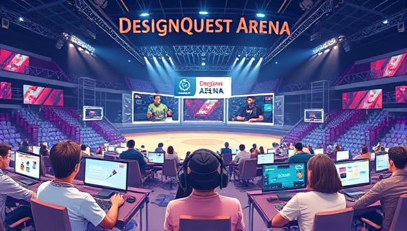 An illustration of a virtual arena filled with designers battling it out in a web design challenge, with digital screens displaying creative website mockups, design tools scattered around, and a scoreboard showing rankings, capturing the excitement and competitiveness of DesignQuest Arena.