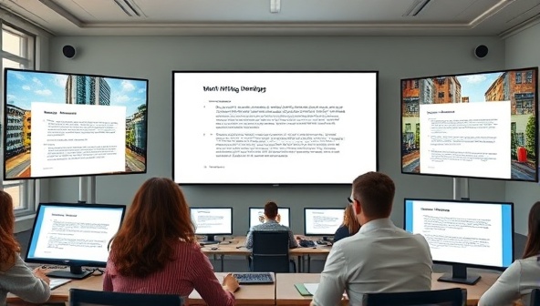 A virtual meeting room scene with a diverse group of remote team members engaging in a writing workshop led by a professional facilitator, with interactive writing exercises displayed on digital screens, showcasing collaborative learning and teamwork.