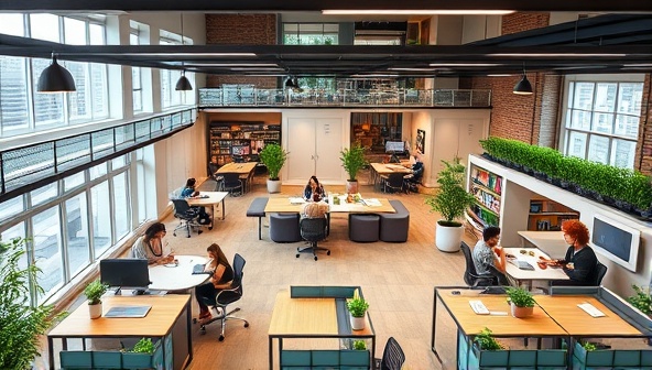 An artistic rendering of a modern co-living space with shared workstations, communal areas for socializing, and a rooftop garden for relaxation, capturing the essence of community and collaboration in the co-living environment.