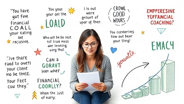 An artistic representation of a coach guiding a client through a financial goal-setting session, surrounded by motivational quotes and financial growth illustrations, symbolizing empowerment and transformation through financial coaching.