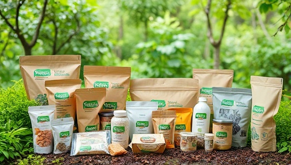 An image of a diverse range of biodegradable packaging products displayed in a natural setting, surrounded by greenery and eco-friendly branding, conveying a message of environmental responsibility and modern packaging solutions.