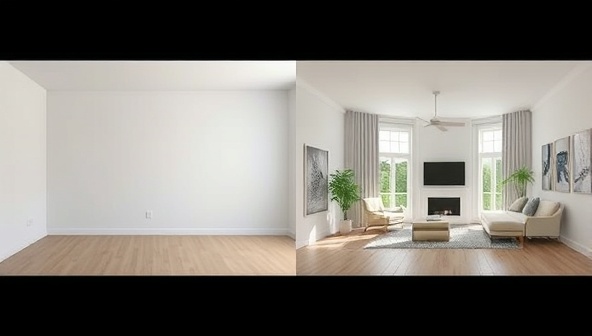 A split-screen image showing a plain, uninspiring room on one side and a digitally rendered, beautifully designed room on the other side, highlighting the transformative power of virtual interior design.