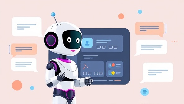 An artistic visualization of a chatbot avatar assisting a user in designing a website, displaying a friendly and interactive interface that simplifies the web design process, accompanied by speech bubbles and design elements for a dynamic representation of the chatbot assistant.