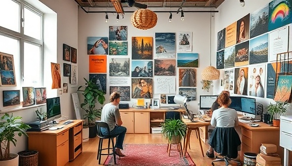 An emotional design studio filled with colorful mood boards, inspirational images, and mood-enhancing elements, with designers immersed in crafting brand experiences that evoke joy, excitement, and connection, symbolizing the emotional depth and creativity of EmoteWebBrands' web branding agency.