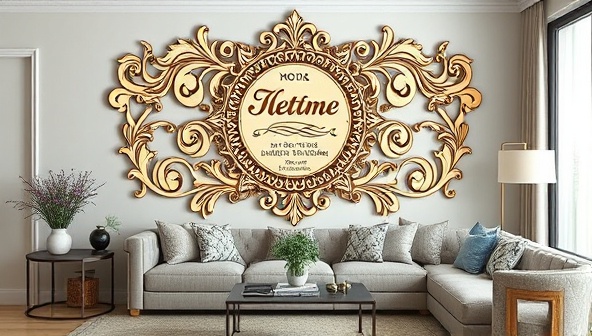 An elegant laser-cut wooden wall art piece featuring intricate designs and personalized elements, displayed in a stylish living room setting with modern decor accents, illustrating the bespoke and sophisticated nature of the business.
