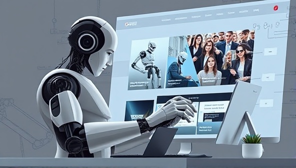 An artistic representation of a robot and a designer working collaboratively on a website layout, symbolizing the fusion of AI technology and human creativity in web design.