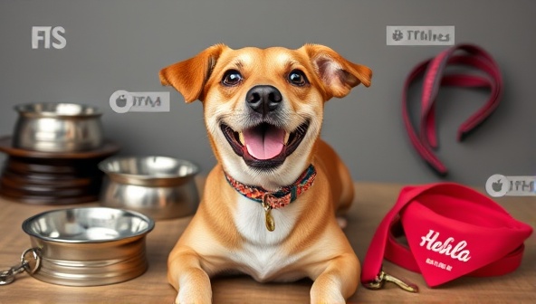A playful image of a dog happily wearing a customized collar with its name engraved, surrounded by various personalized pet accessories like bowls, leashes, and bandanas, showcasing the uniqueness of Pawsonalized Pets' offerings.