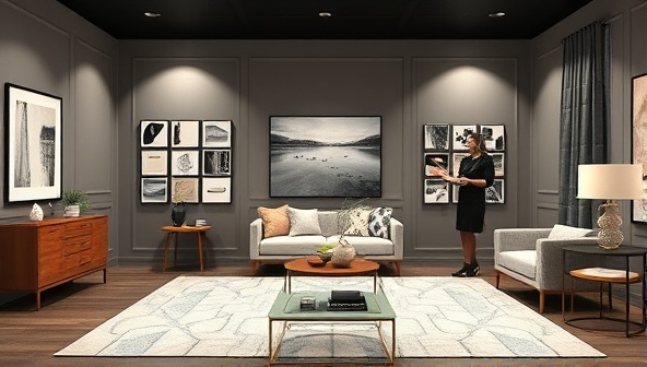 An elegant virtual design studio showcasing mood boards, fabric swatches, and design samples, with a designer presenting a virtual design presentation to a client, creating a sophisticated and professional atmosphere for remote interior design consultations.