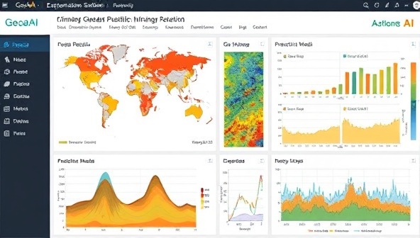 An AI-powered data visualization dashboard displaying geological maps, mineral prospecting results, and predictive models for mining site targeting, demonstrating the advanced technology and data-driven approach of GeoAI Exploration Solutions.