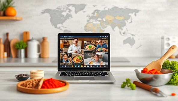 An inviting kitchen setup with a laptop displaying a live cooking class, featuring colorful spices, cooking utensils, and a world map in the background, evoking a sense of culinary exploration and global connection.