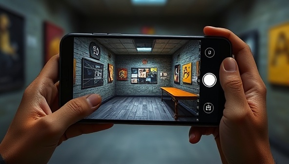 An AR-enabled smartphone displaying a virtual escape room environment with interactive puzzles and clues superimposed in a real-world setting, illustrating the immersive and interactive nature of AR EscapeQuest's gaming experience.