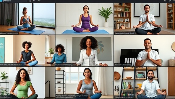 A vibrant and inclusive virtual wellness session with diverse individuals engaging in yoga, meditation, and nutrition discussions through video conferencing, portraying a sense of community and well-being.