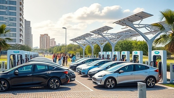 A vibrant urban landscape featuring sleek electric vehicles lining up at futuristic charging stations, with solar panels overhead and a diverse group of people interacting around the area, showcasing sustainability and convenience.