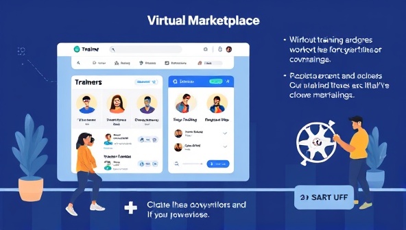 A digital illustration of a virtual marketplace interface displaying trainer profiles, workout plans, and session bookings, with users engaging in virtual training sessions, communicating with trainers, and tracking their fitness progress, emphasizing convenience and personalized support.