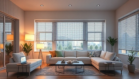 A modern living room setting with various smart home devices seamlessly integrated, such as smart lighting, automated blinds, and a voice-controlled assistant, illustrating a connected and futuristic home environment that prioritizes convenience and efficiency.