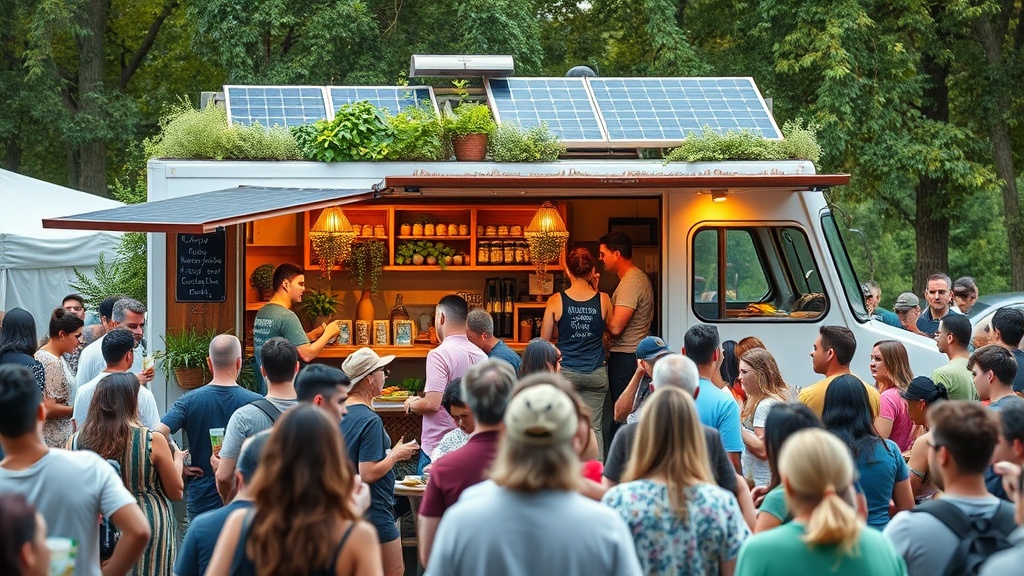 A modern and vibrant food truck adorned with greenery and solar panels, surrounded by a bustling crowd of eco-conscious customers enjoying organic, plant-based meals served in biodegradable packaging.