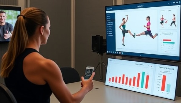 A dynamic virtual fitness coaching session with a trainer guiding a user through a workout routine via a video call, interactive exercise demonstrations on a screen, and fitness progress charts displayed, showcasing the personalized and engaging nature of FitSync Pro's virtual coaching platform for users striving for fitness goals.
