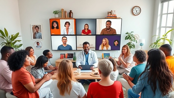 A vibrant digital community hub with diverse individuals engaging in virtual consultations with healthcare providers and wellness professionals, surrounded by wellness resources and interactive health workshops, reflecting the inclusive and supportive nature of CareConnect Community's telehealth platform.