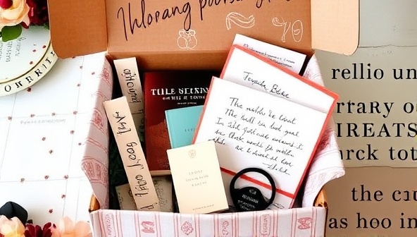 An aesthetically pleasing image of a beautifully designed literary subscription box filled with books, bookmarks, literary-themed merchandise, and a handwritten note, evoking the excitement and anticipation of receiving a personalized reading experience.