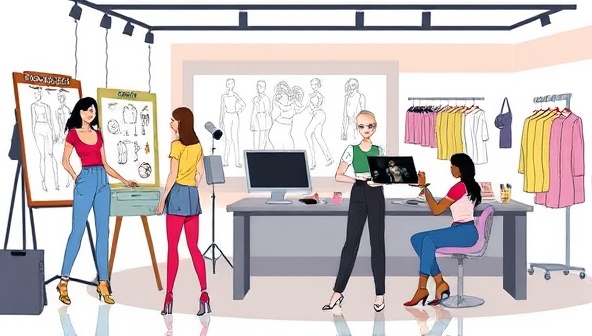 A stylish digital illustration showcasing a virtual fashion design studio with users creating digital fashion sketches, customizing clothing designs, and sharing their creations on a virtual runway, capturing the innovative and collaborative spirit of the online platform.