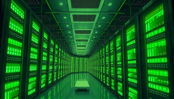 An artistic rendering of a cutting-edge data center facility powered by renewable energy sources, featuring rows of servers bathed in green LED lights to symbolize energy efficiency and environmental consciousness, creating a futuristic and sustainable tech infrastructure.
