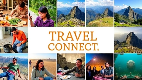 A vibrant and diverse collage of various travel experiences, including cooking classes, hiking adventures, and cultural performances, symbolizing the array of unique offerings available on Travel Connect.
