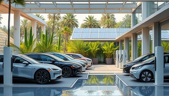 A modern and sleek lounge setting with electric vehicles parked at charging stations, surrounded by lush greenery and solar panels, creating a futuristic and sustainable atmosphere.