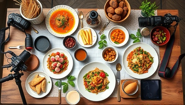 An artistic composition of a food photography workshop setup with camera equipment, props, and beautifully plated dishes arranged on a styled table, surrounded by photography accessories and editing tools, creating a visually captivating and inspiring environment for learning and creativity.