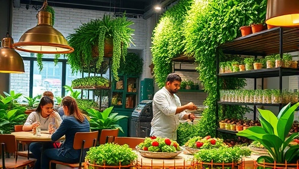 An inviting cafe interior adorned with lush green walls of growing plants, a chef preparing a vibrant dish using freshly harvested greens, and customers enjoying their meals amidst the greenery, evoking a harmonious blend of nature and urban living.