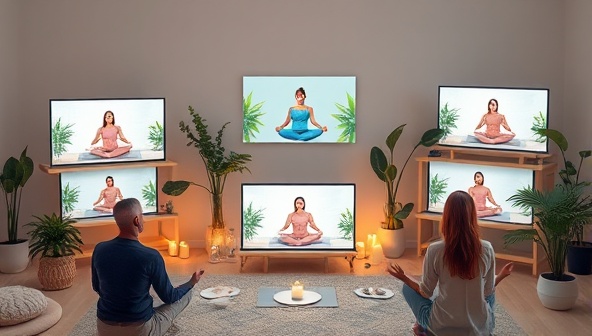 A serene and tranquil virtual wellness retreat scene with participants engaged in mindfulness exercises, yoga poses, and meditation practices on their screens, surrounded by candles, plants, and calming decor, creating a peaceful and rejuvenating virtual oasis.