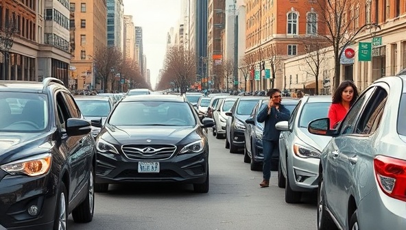 A vibrant cityscape with diverse individuals accessing different cars through the WheelShare platform, showcasing the flexibility and accessibility of the car subscription sharing service in urban environments.