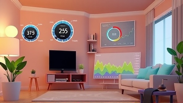 An animated visualization of a smart home environment with digital energy meters, interactive graphs, and gamified energy challenges, illustrating a modern and tech-driven approach to energy monitoring and conservation.