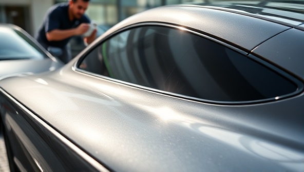 A luxurious car exterior gleaming under the sunlight, showcasing the impeccable detailing work of ShineOn Demand, with a professional detailer in the background polishing the vehicle to perfection.