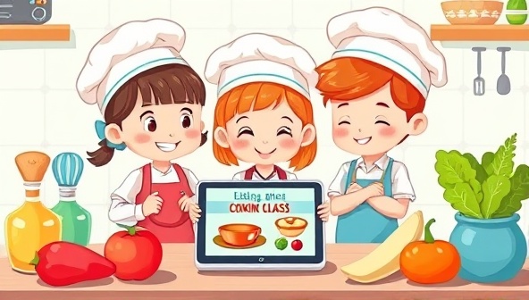 An adorable and colorful illustration of cartoon kids wearing chef hats and aprons, surrounded by kitchen utensils and ingredients, eagerly following along with a virtual cooking class on a tablet screen, showcasing a fun and educational culinary experience for children.