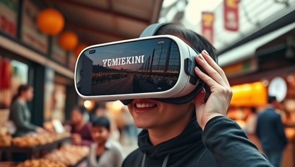 An enticing virtual reality headset displaying a vibrant marketplace scene, with users interacting with local vendors and experiencing the sights and sounds of a bustling foreign market, evoking a sense of wanderlust and cultural immersion.