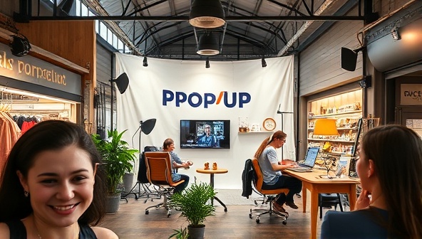 A vibrant and dynamic pop-up studio set up in a bustling marketplace, with a team of creatives brainstorming digital marketing ideas with excited business owners.